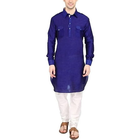 

Royal Kurta Men s Silk Blend Pathani Kurta Churidar Set Blue