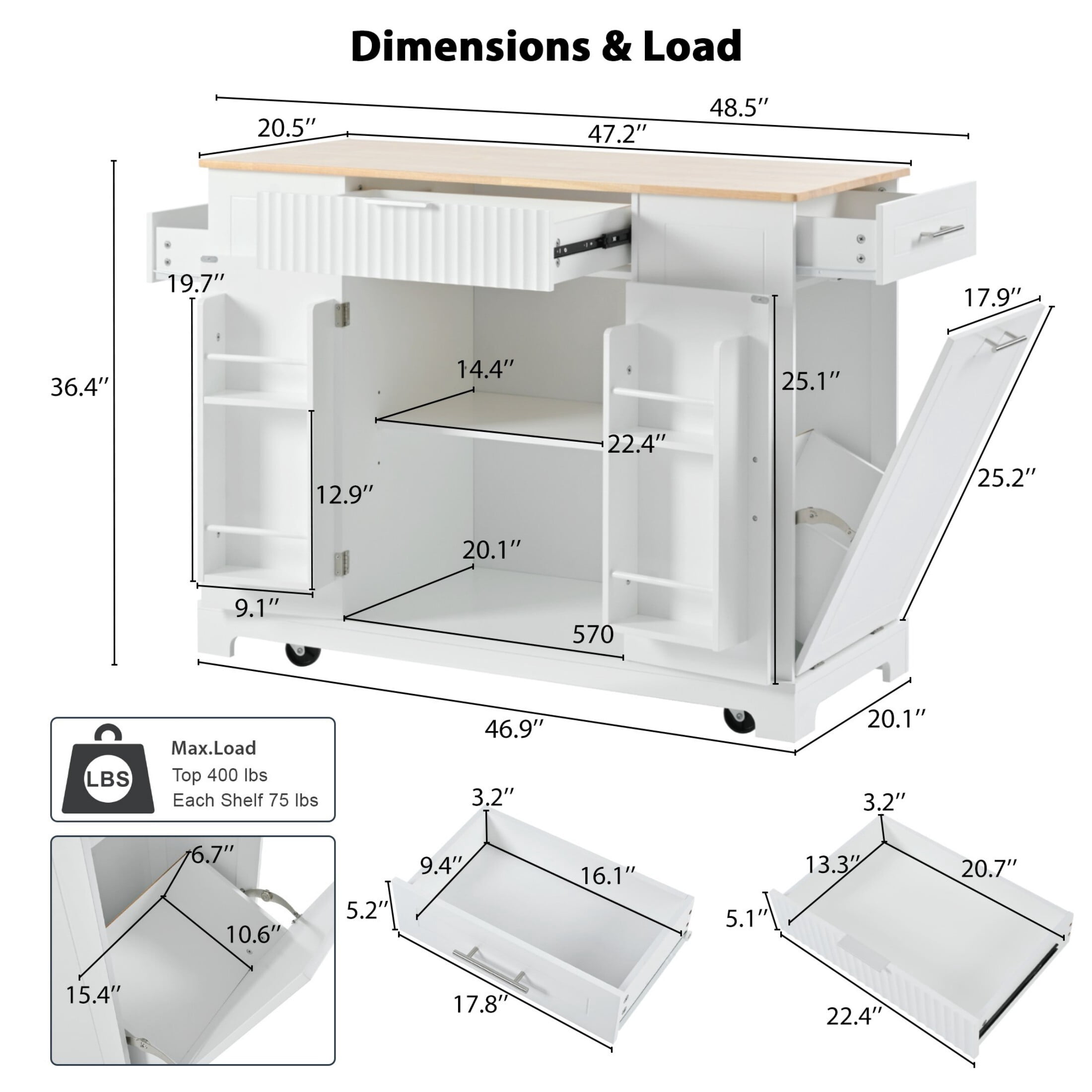 DEALTOPS 47.2'' Kitchen Island With Trash Can and Power Outlet, Rolling Kitchen Storage Cart with Open Shelves, White