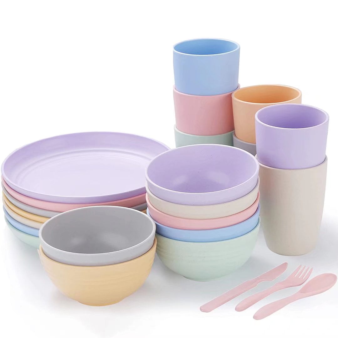 Peurif Kitchen Wheat Straw Dinnerware Set Dinner Plates Cereal Bowls Outdoor Camping Dishes Dessert Plate 12 pieces with flatware Unbreakable Multicolor, Service for 4 