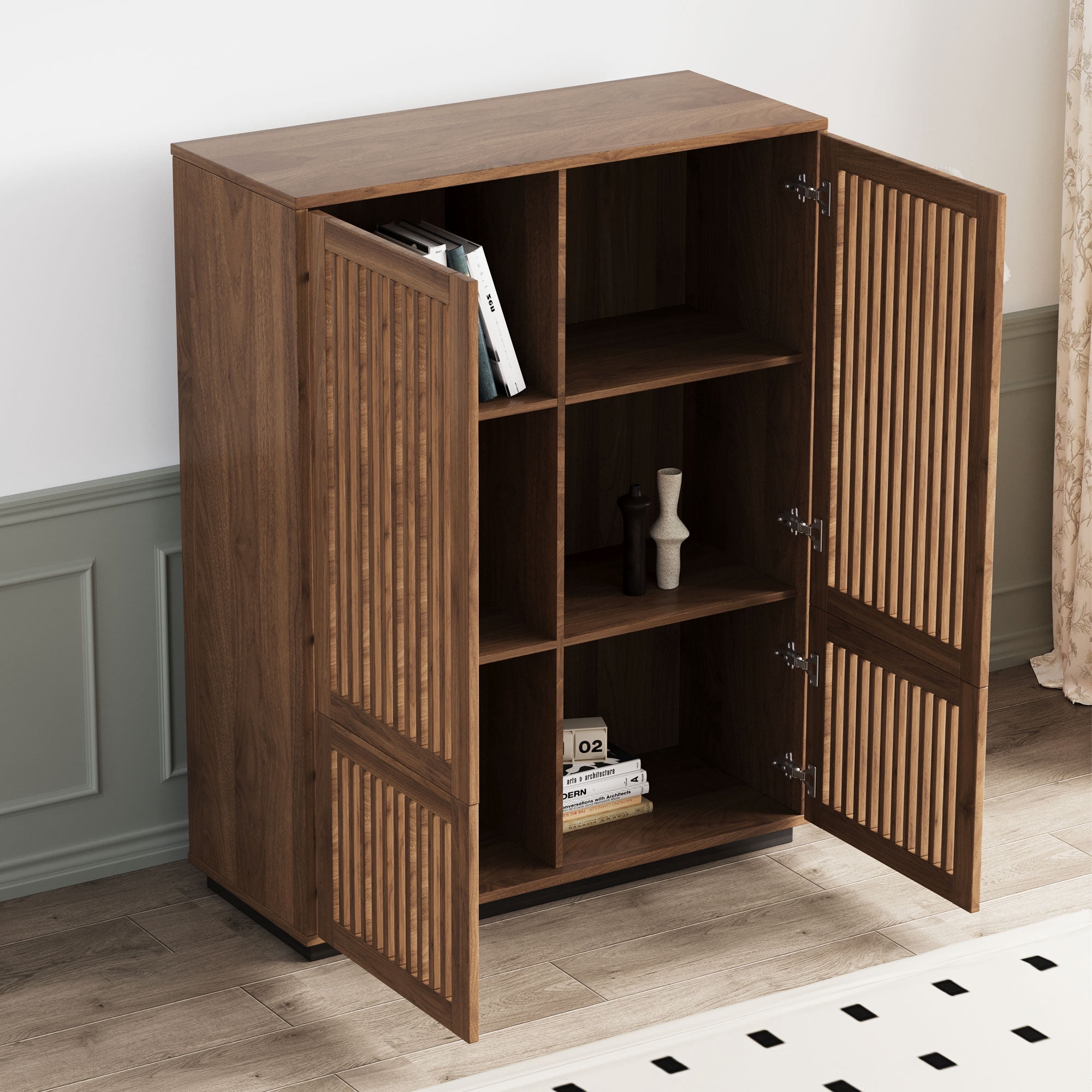 NessCarsti Modern Storage Cabinet, 4 Doors, Shelves, Walnut Brown, 34.84"