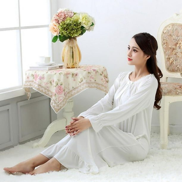 Cotton Nightgowns Women Spring Autumn Full Sleeves Long Night Dress  Romantic Princess Sleepwear Home Wear (Color : White, Size : XL code) (White  XL code) : : Fashion
