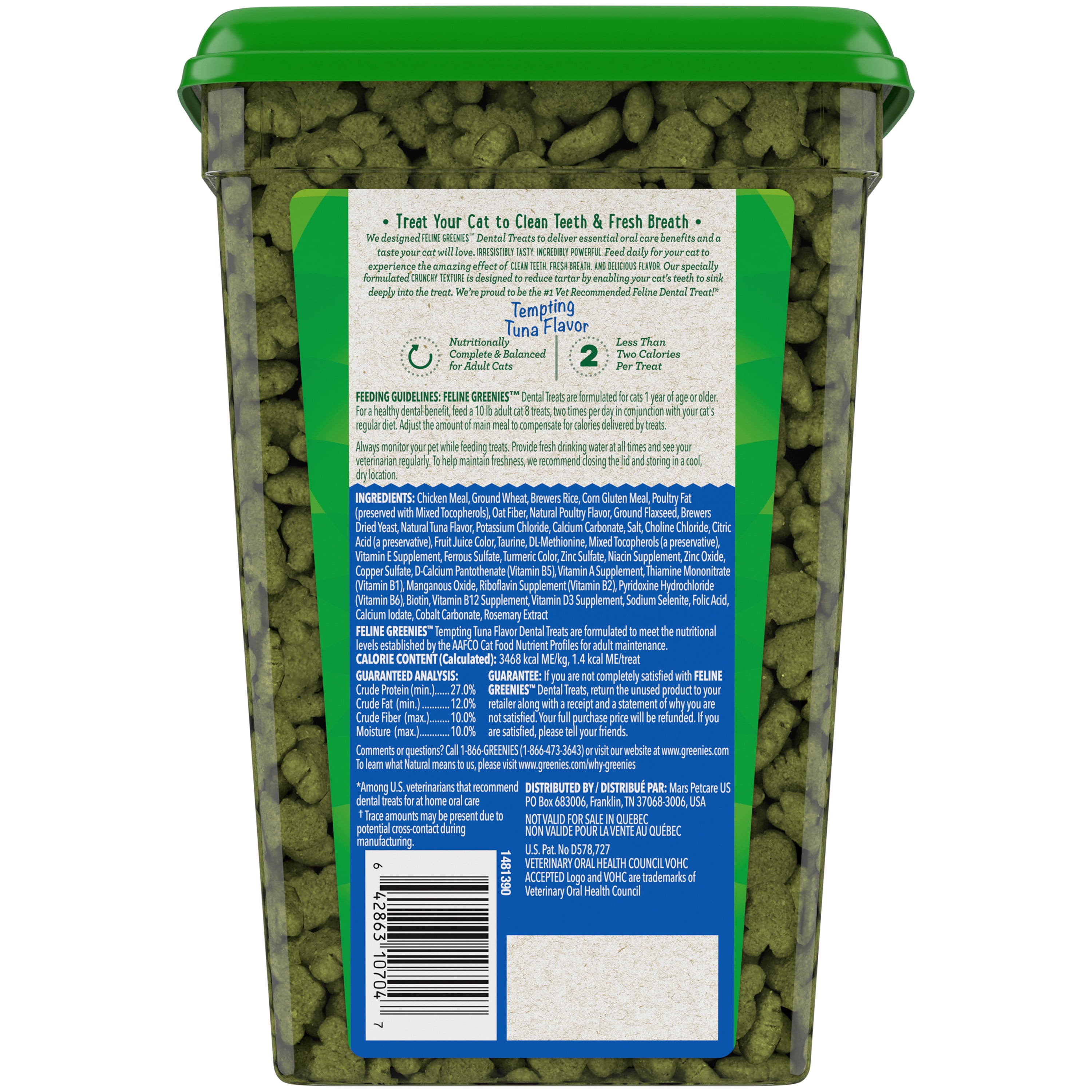 FELINE GREENIES Adult Dental Cat Treats, Tempting Tuna Flavor, 21 oz. Tub