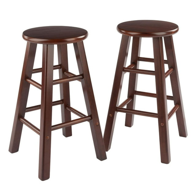 Set of two walnut-finished wooden counter stools with round seats and sturdy four-leg design.