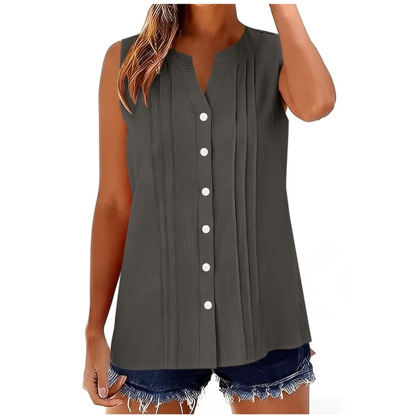 Camisas de Verano de la Mujer Y Tops Cuello V sin Mangas Botón Completo Blusa, Tops sin Mangas de la Mujer de Verano de Color Sólido Casual Transpirable