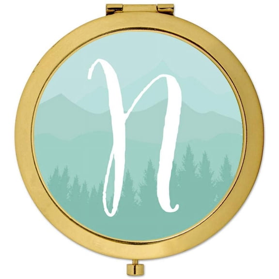 Koyal Wholesale Gold Compact Mirror Bridesmaid's Wedding Gift, Aqua Watercolor Rustic Trees, Monogram Letter N, 1-Pack