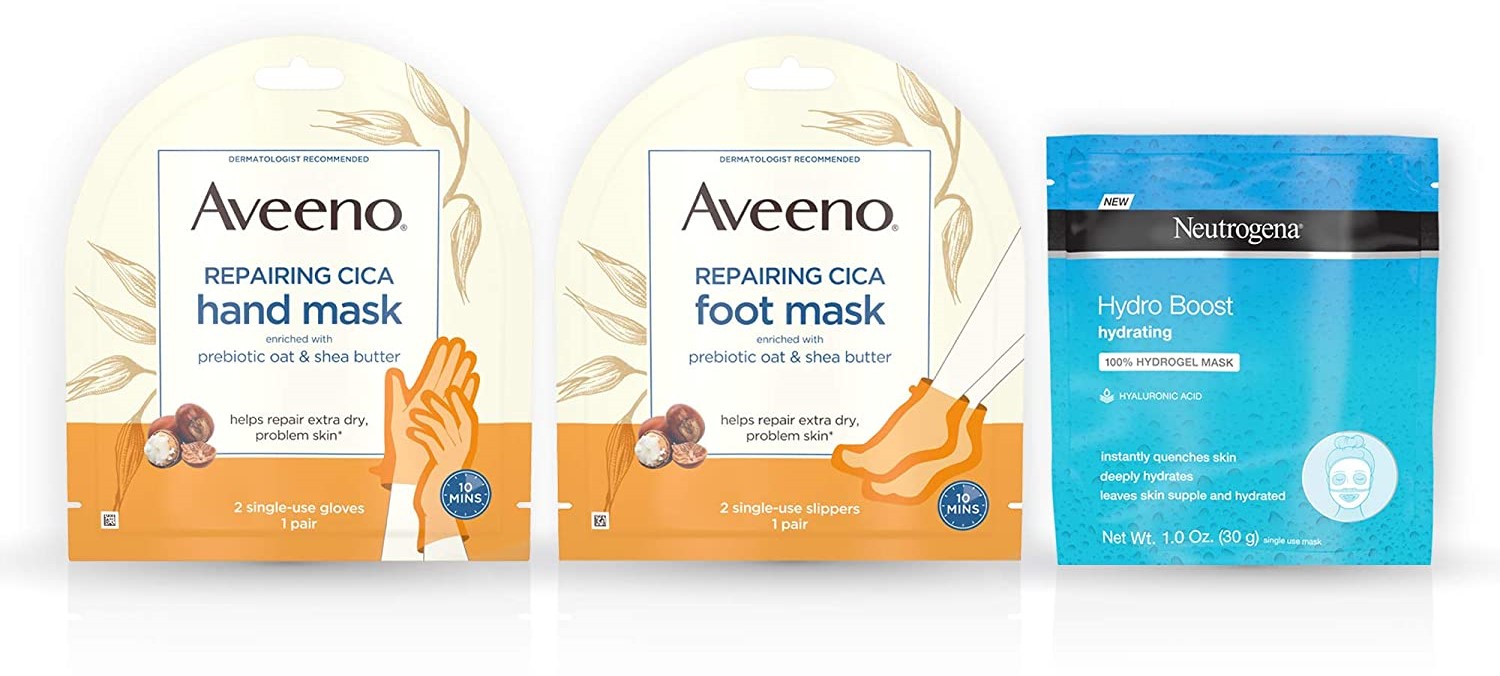 Neutrogena Hydro Boost Hydrating Hydrogel Mask,1oz  Aveeno Repairing CICA  Hand Mask, Foot Mask with Prebiotic Oat and Shea Butter ea (Pack of 6) 