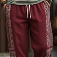 thumbnail image 5 of Tsivenald Linen Pants Men Baggy Harem Vacation Trousers Ethnic Printed Patchwork Breathable Loose Fit Mens Bohemian Beach Bottoms, 5 of 5