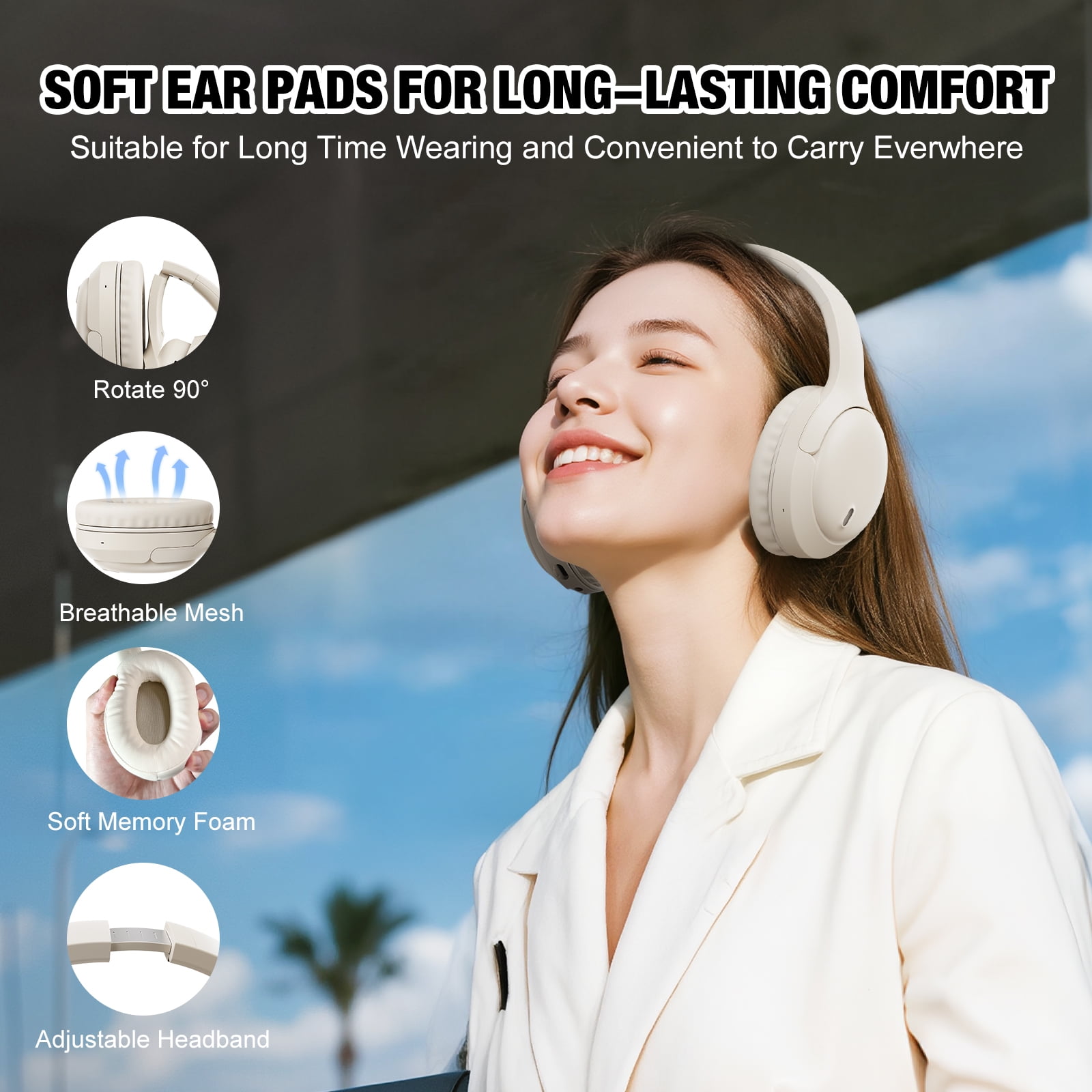 Headphones, AUOSHI Active Noise Cancelling Headphones, 55H Playtime, Wireless/Wired Bluetooth5.3 Over-Ear Headphones with Mic, Blocks Engine Noise, White