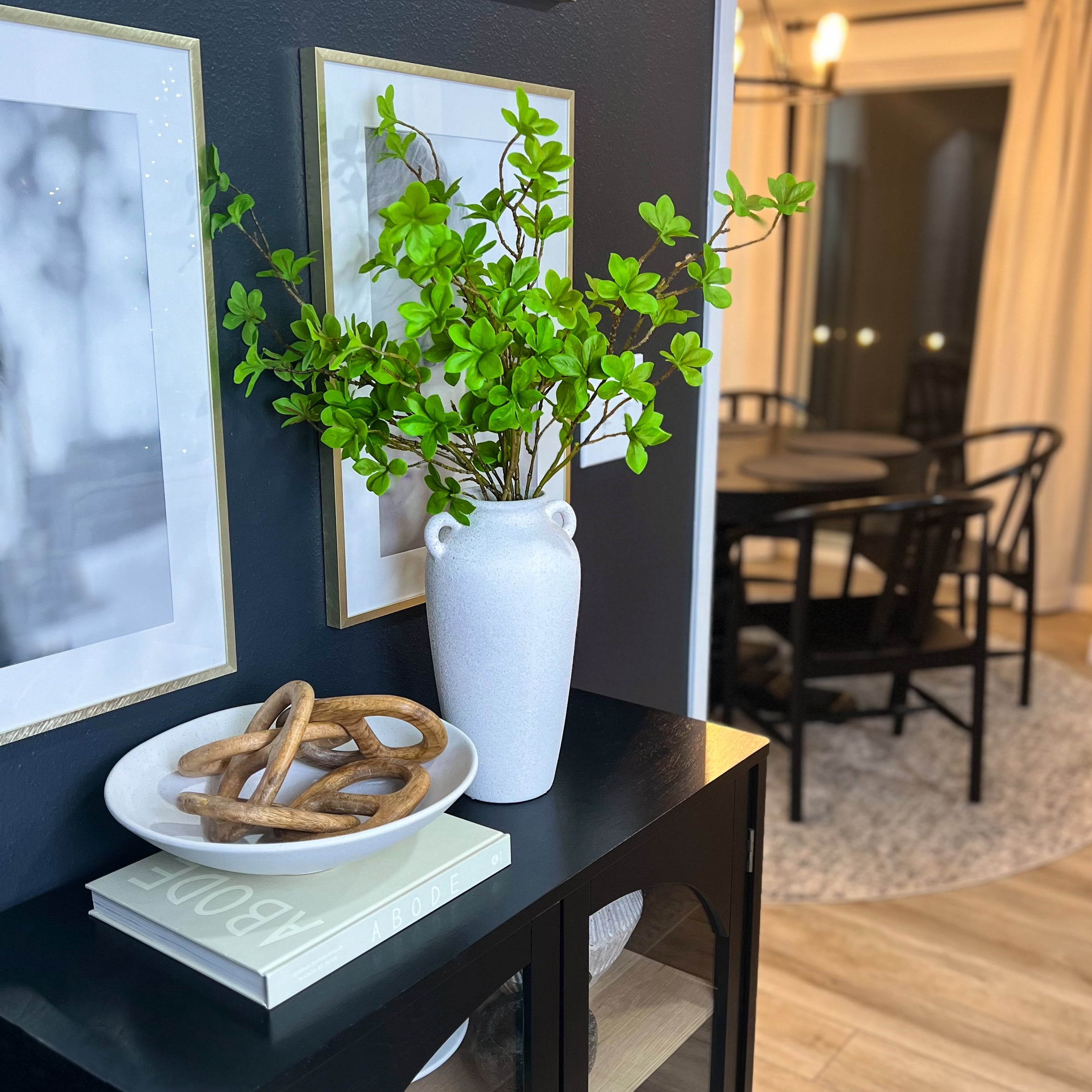 Laurel&Vine 12" Tall White Ceramic Vase, Speckled Textured Minimalist Jug, 5 Stems of 25" Faux Vibrant Artificial Greenery Branches, Farmhouse Console Table Centerpiece Decor, Fake Stems Plant