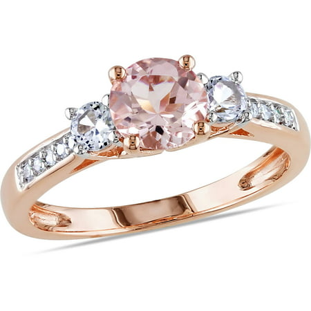 Tangelo 1-1/7 Carat T.G.W. Morganite, Created White Sapphire and Diamond-Accent 10kt Rose Gold Three Stone Ring