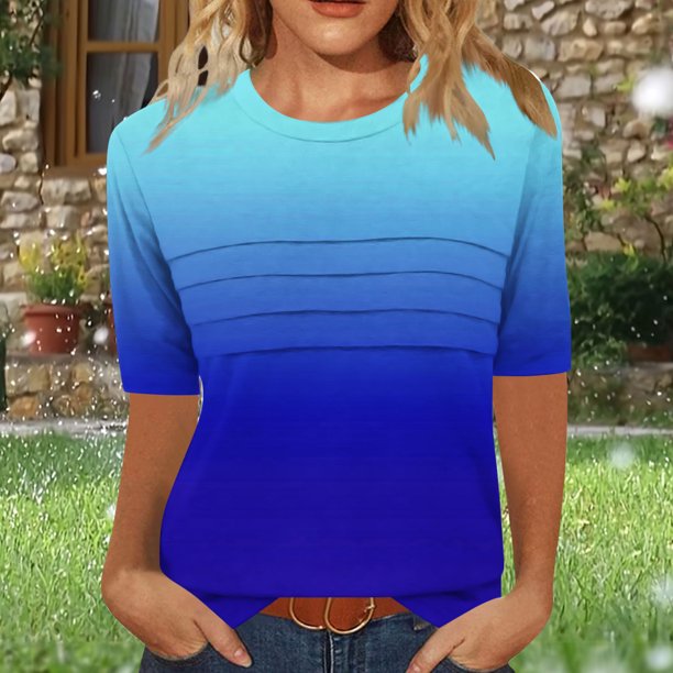mfyjkho Tops Para Mujer, Camiseta De Moda Para Mujer Con Cuello Redondo Arrugado, Manga 3/4, Corte Holgado Y Mangas Cortas Tops Y Blusas Para Mujer L