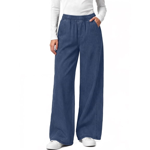 Sundazz Women's Stretchy Wide Leg Jeans Elastic Waist Knit Denim Pants with Seamed Front