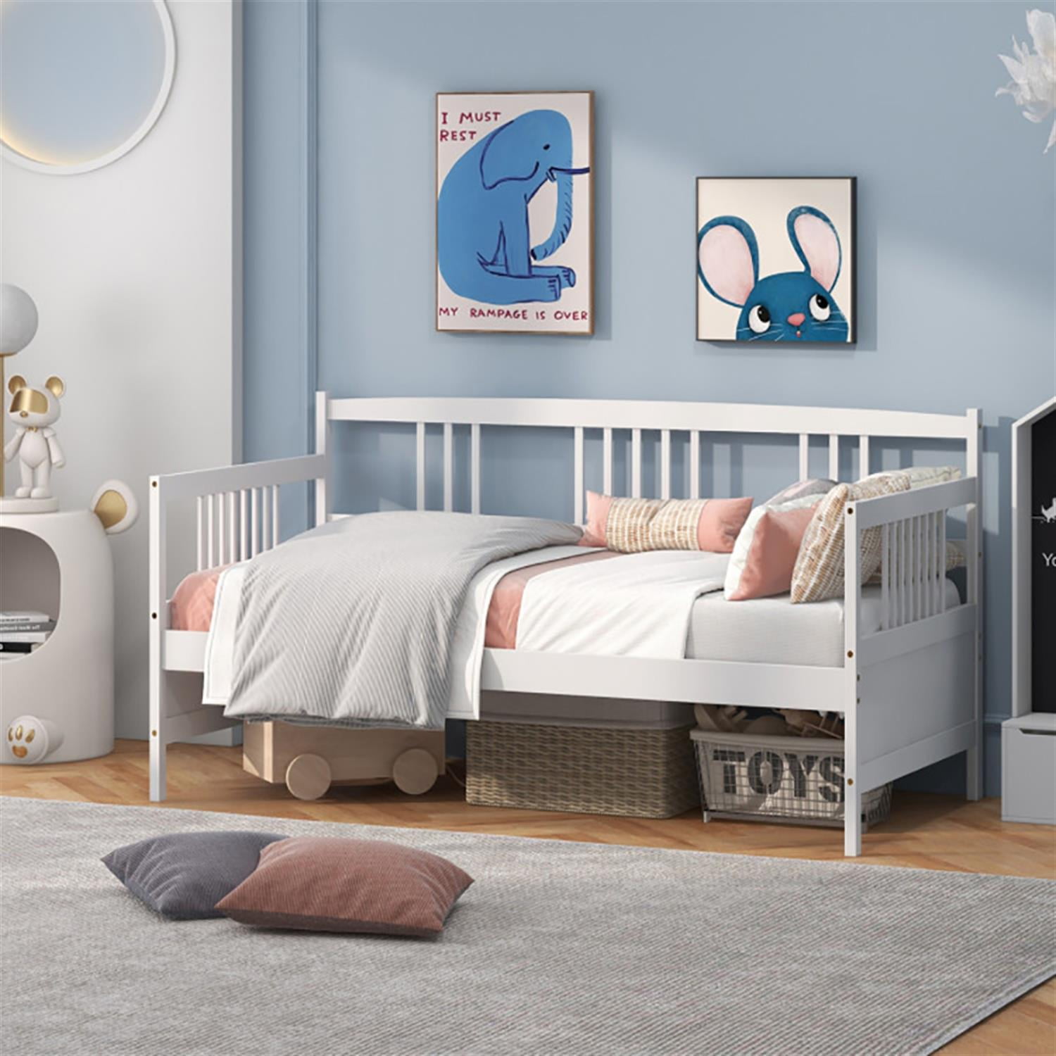 Demi Bonn Twin Size Wooden Slats Daybed Bed with Rails, Modern Bed Frame for Teens, White