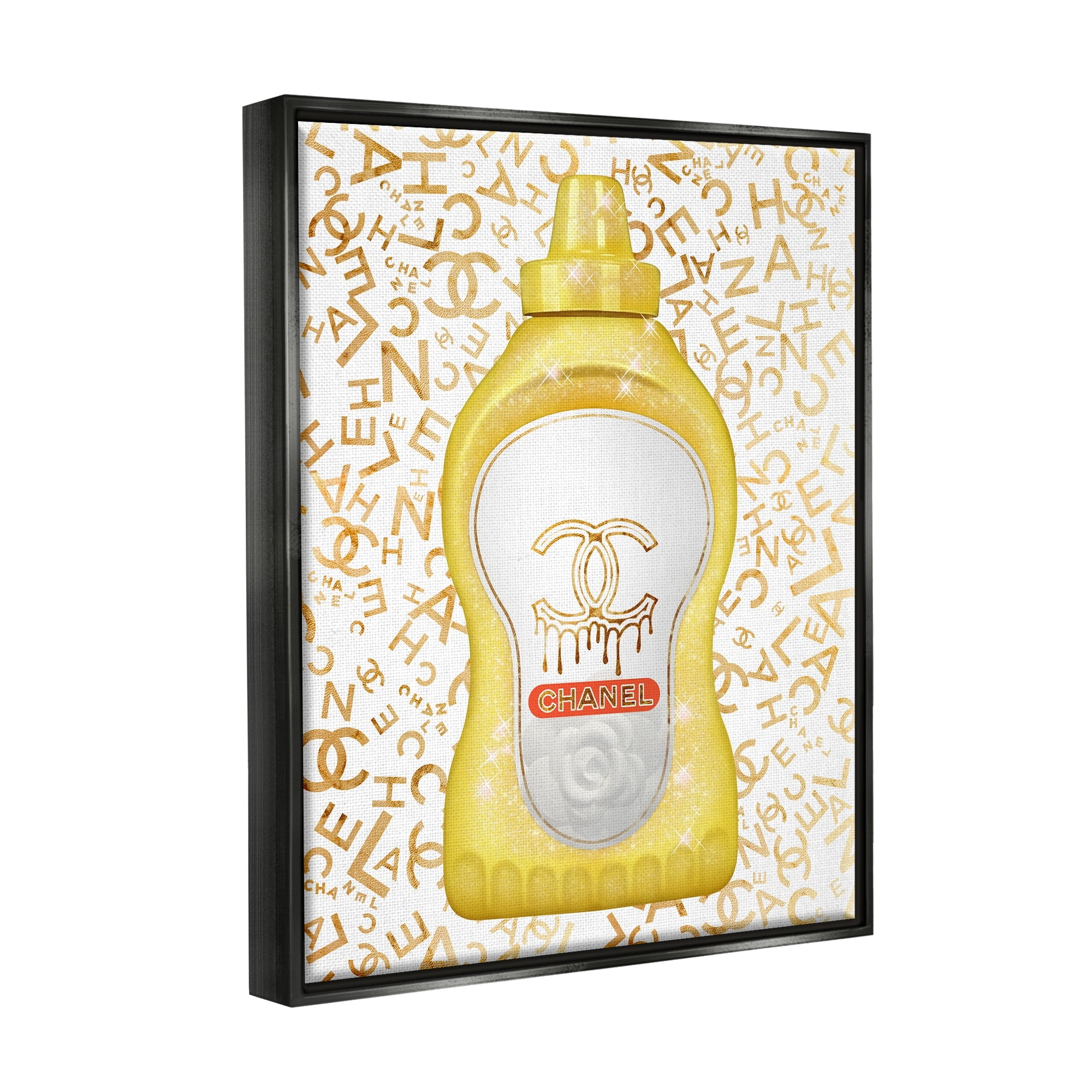 Stupell Industries Glitzy Fashion Bling Kitchen Condiment Mustard Bottle Graphic Art Jet Black Floating Framed Canvas Print Wall Art, Design by Ziwei Li