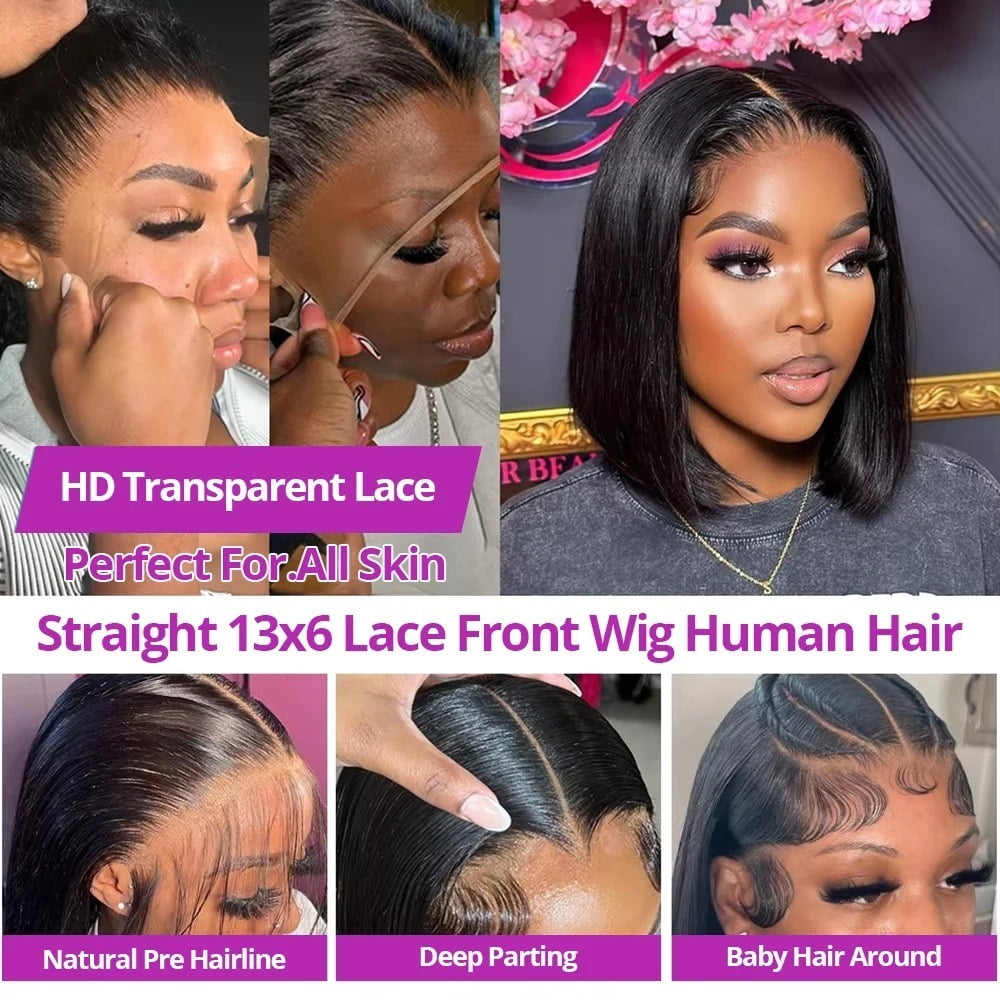 250% 13x6 Lace Frontal Wigs Silky Straight Human Hair Pre Cut Glueless HD Lace Front Bob