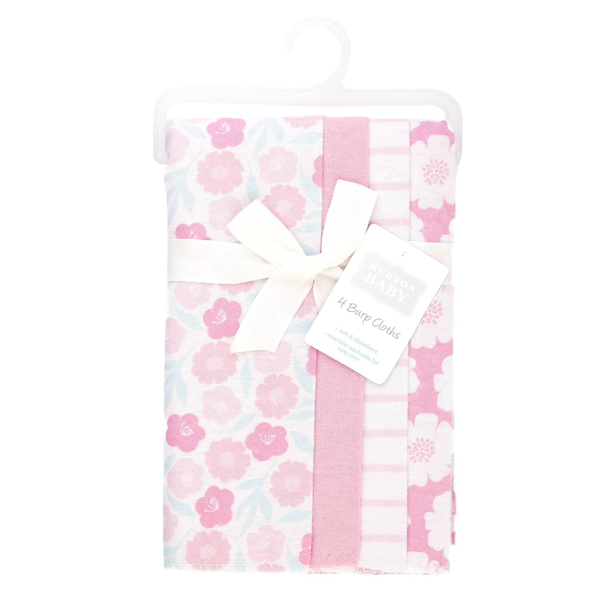 Hudson Baby Infant Girls Cotton Flannel Burp Cloths 4-Pack, Pink Daisies, One Size