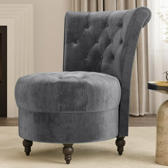 BELLEZE Throne Royal Chair, Button-Tufted Accent Chair, Upholstered Velvet Chair, Low Back Armless Chair with Thick Padding and Rubberwood Legs - Malik (Grey)