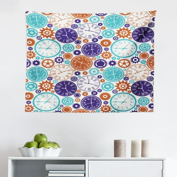 Clock Tapestry, New Year Theme with a Clock and Glass Balls Illustration Christmas Xmas Celebration Pattern, Fabric Wall Hanging Decor for Bedroom Living Room Dorm, 2 Sizes, Blue, by Ambesonne
