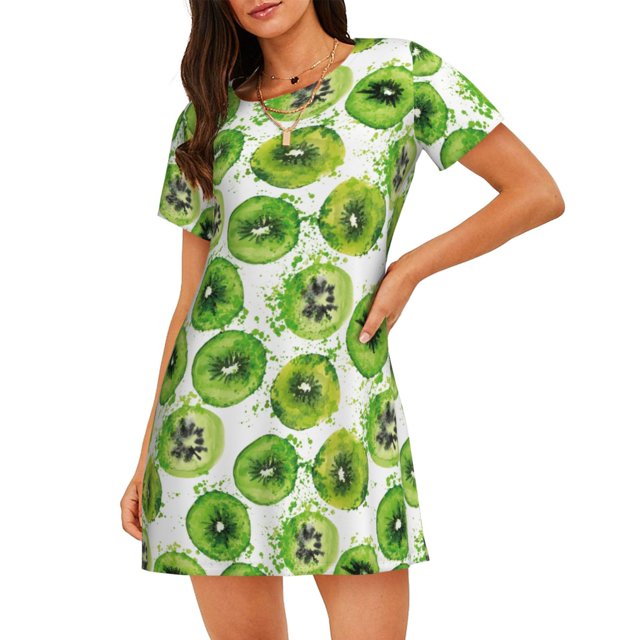 Vsdgher Chemise de Nuit à Manches Courtes pour Femmes Motif Kiwi Verte Col Rond Mignonne Robe de Nuit à Volants Confortable