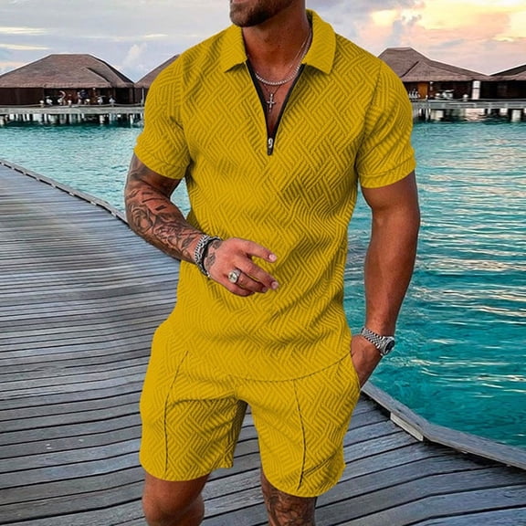 Mens Two Piece Outfit Casual Set Summer Athletic Fashion 1/4 Zipper Short Sleeve Shirts Shorts Sets Beach Clothes Yellow 3XL