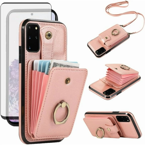 MYKOMI Phone Case for Samsung Galaxy S20 5G 6.2 inch Wallet Cell Cover with HD Screen Protector and Crossbody Strap Ring Stand RFID Credit Card Holder S 20 20S UW S2O G5 Women Girls