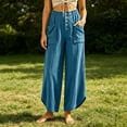 thumbnail image 5 of Oksale Boho Pants for Women Petite Pull On Cozy Cotton Pants with Pockets Elastic High Waist Summer Casual Pants Loose Wide Leg Trousers Blue M, 5 of 7