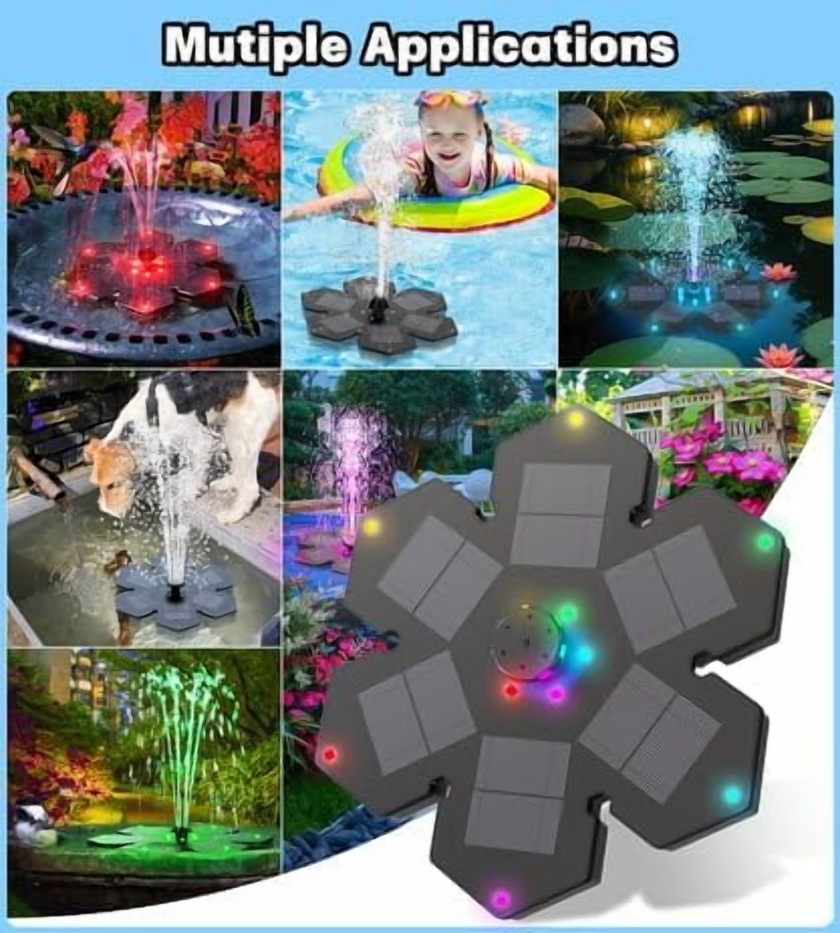 3.5W Upgraded Solar Fountain, Snowflake Double Layer Colorful Lights, 2000mAh Battery, 4 Fixed Brackets & 7 Nozzles, Outdoor Fountain for Garden, Patio and Pond Decoration
