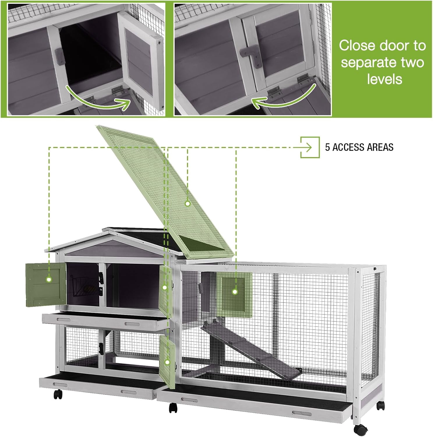 Aivituvin 2-Story Rabbit Hutch Indoor Large Bunny Cage with Chew-Proof Ramp - Wooden Rabbit Cage Outdoor with 6 Lockable Caster Wheels & Dual Pull-Out Trays for Rabbits, 62"L x 22.6"W x 33.5"H (Grey)