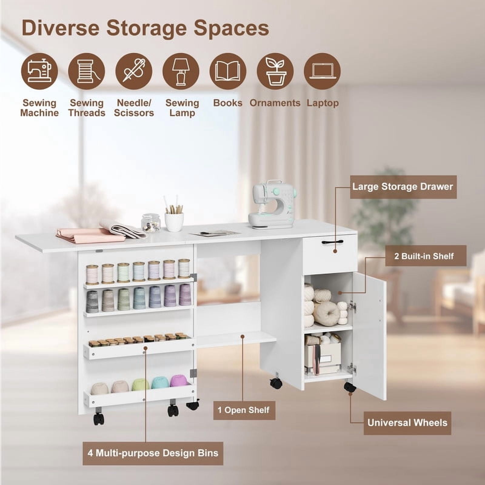 TROPOW Space-Saving Folding Sewing Machine Table for Entryway – Multi-Functional Craft Cabinet with Storage Shelves, Sliding Drawer, Lockable Wheels – Compact Rolling Organizer Desk