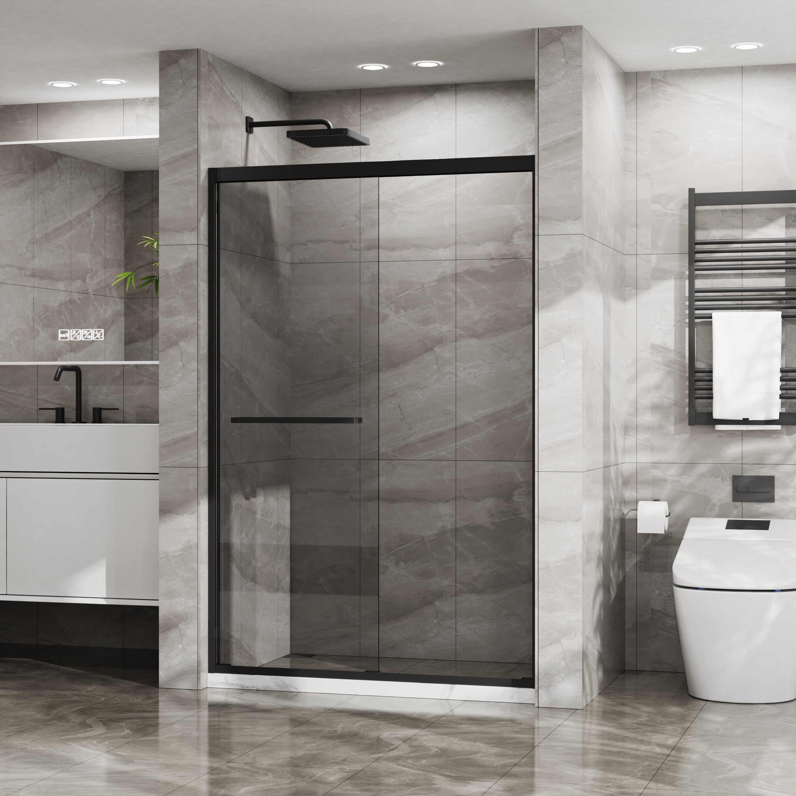Leumius Double Sliding Glass Shower Door 48 in. W x 72 in. H,Aluminum Framed Shower Enclosure with SGCC Clear Tempered Glass, Stainless Steel Hardware, Matte Black