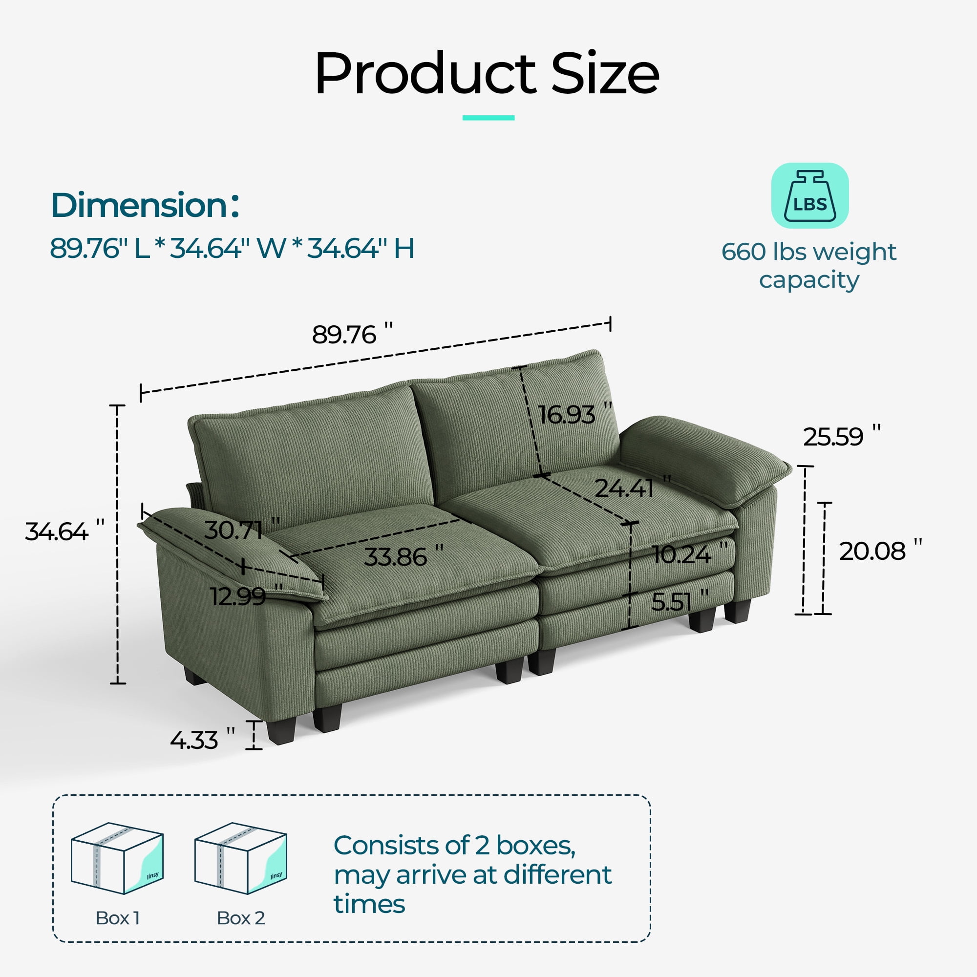 Linsy Home Oversized Corduroy 90" W Loveseat Sofa Couch for Living Room, Bedroom, Apartment and Office, Green