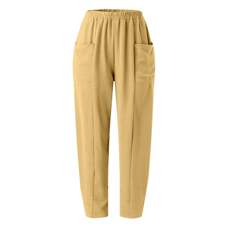 Womens Solid Color Casual Pants Trousers Elastic Waist Pockets Wide Leg  Trousers