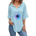 thumbnail image 2 of Gibobby Camisas mexicanas con cuello en V para mujer Camisas con cuello en V para mujer, camiseta lino y algodón con estampado girasoles manga corta, blusa informal hol(Azul claro,XL), 2 of 5