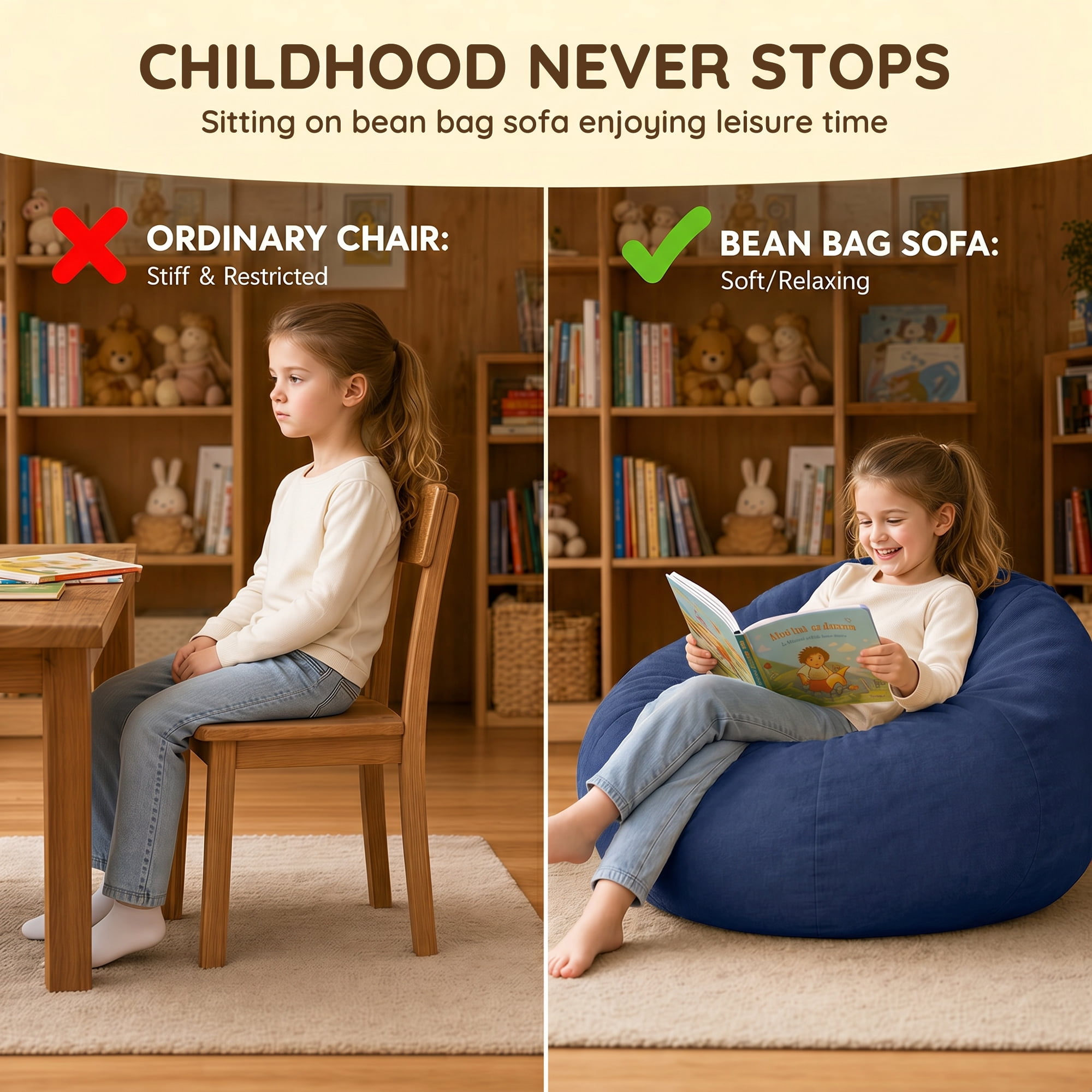2.5FT Velvet & Chenille Bean Bag Chair for Teens, High-Density Foam Filled Soft Bean Bag Sofa with Carry Handle, Non-Slip Bottom for Bedroom Playroom Living Room