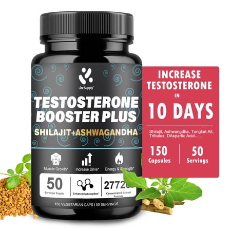 Lite Supply Testosterone Booster for Men 8X Strength with Shilajit, Ashwagandha, Tongkat Ali, Tribulus,Pycnogenol - Natural Stamina, Endurance and Strength Booster + Muscle Builder Workout Supplement