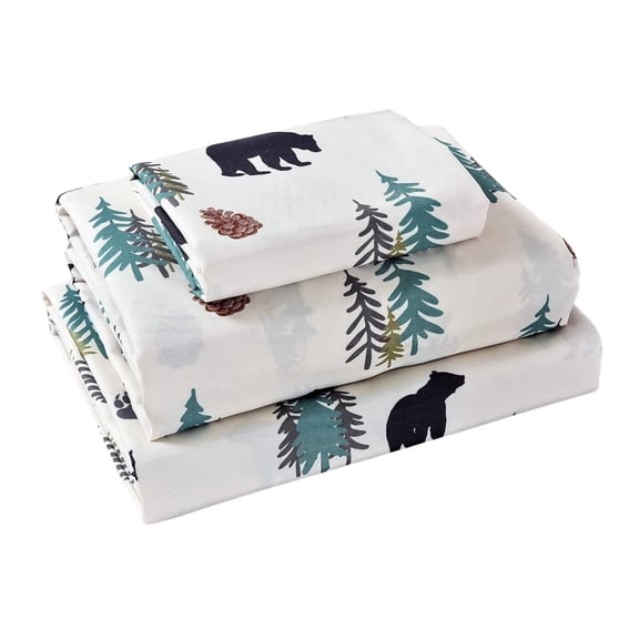 Rustic Style Woodland Bear Pine Tree Pinecone Ultra Soft Cabin Lodge Decor Bed Sheet and Pillowcase Set (Queen (U.S. Standard)
