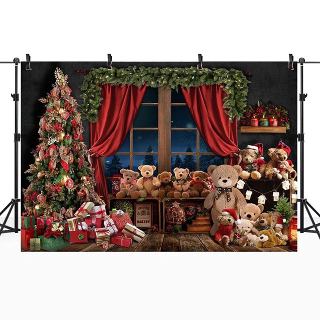 Mocsicka-telón de fondo de Navidad para niños, árbol de Navidad, corona de ventana, bosque de invierno, Fondo de fotografía para estudio fotográfico