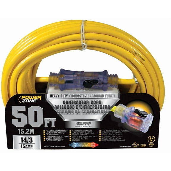 Power Zone ORP511730 Pro Sjtow Extension Cord, Yellow, 50'