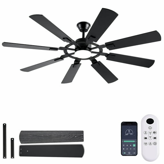 62 Inch Ceiling Fans with Lights, Large Low Profile Ceiling Fan with Remote Control, 8 Double Sided Blades， 6 Speed Reversible DC Motor, Silent Timing, Black Indoor & Outdoor Ceiling Fan