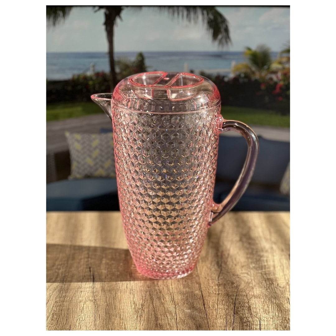 LeadingWare  Diamond Cut Acrylic Water Pitcher with Lid (2.5 Quarts) - 9.25" W x 9.25" L x 10" H Pink