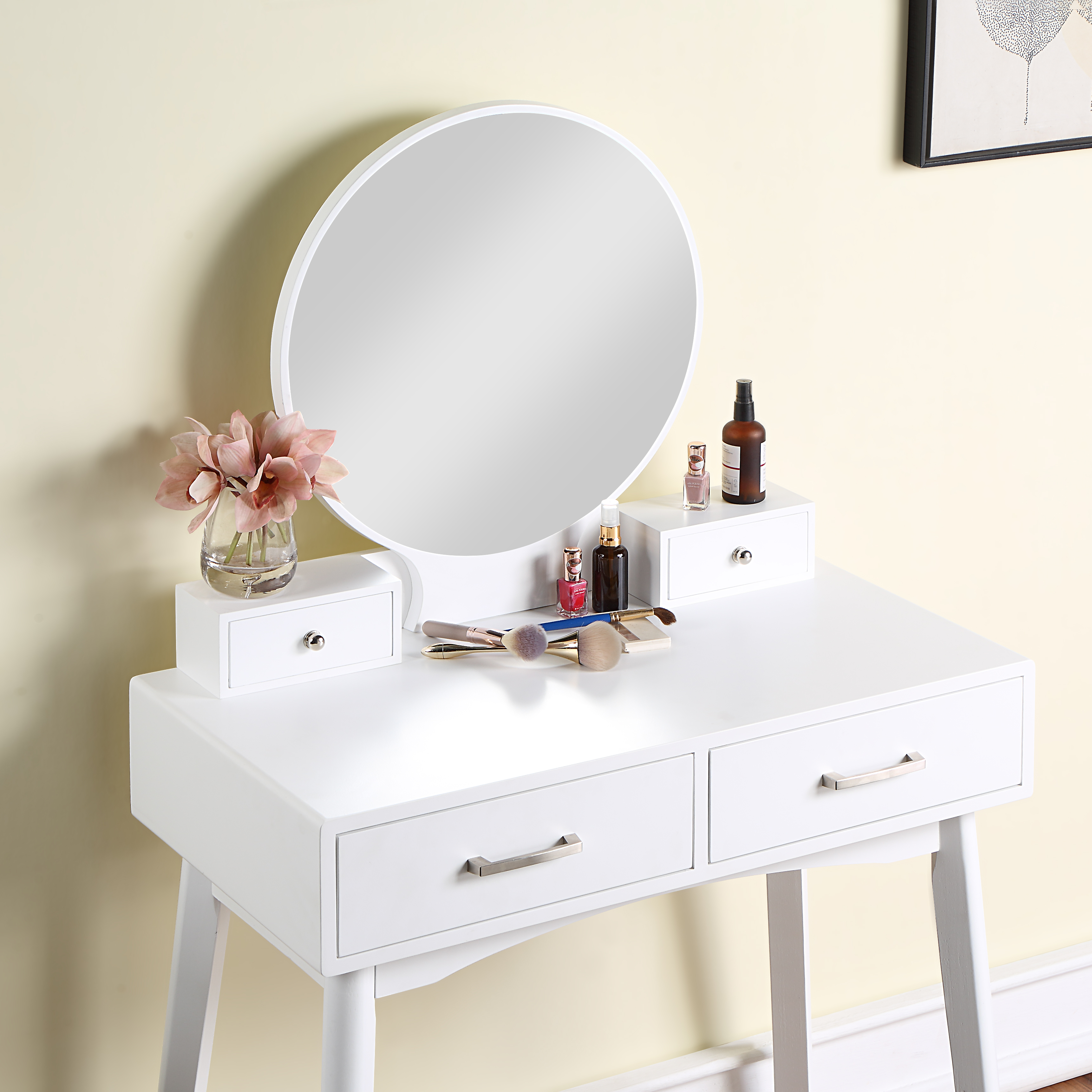 Mintazer Modern Vanity Table Set, Round Mirror Makeup Dressing Table with 4 Drawers & Upholstered Stool for Bedroom, White