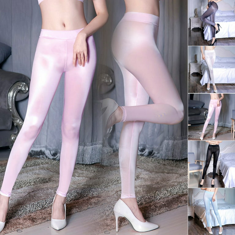 ALSLIAO Sexy Women Sheer Leggings Silky Shiny Trousers Stretch Tight Pants  Clubwear Dark Gray