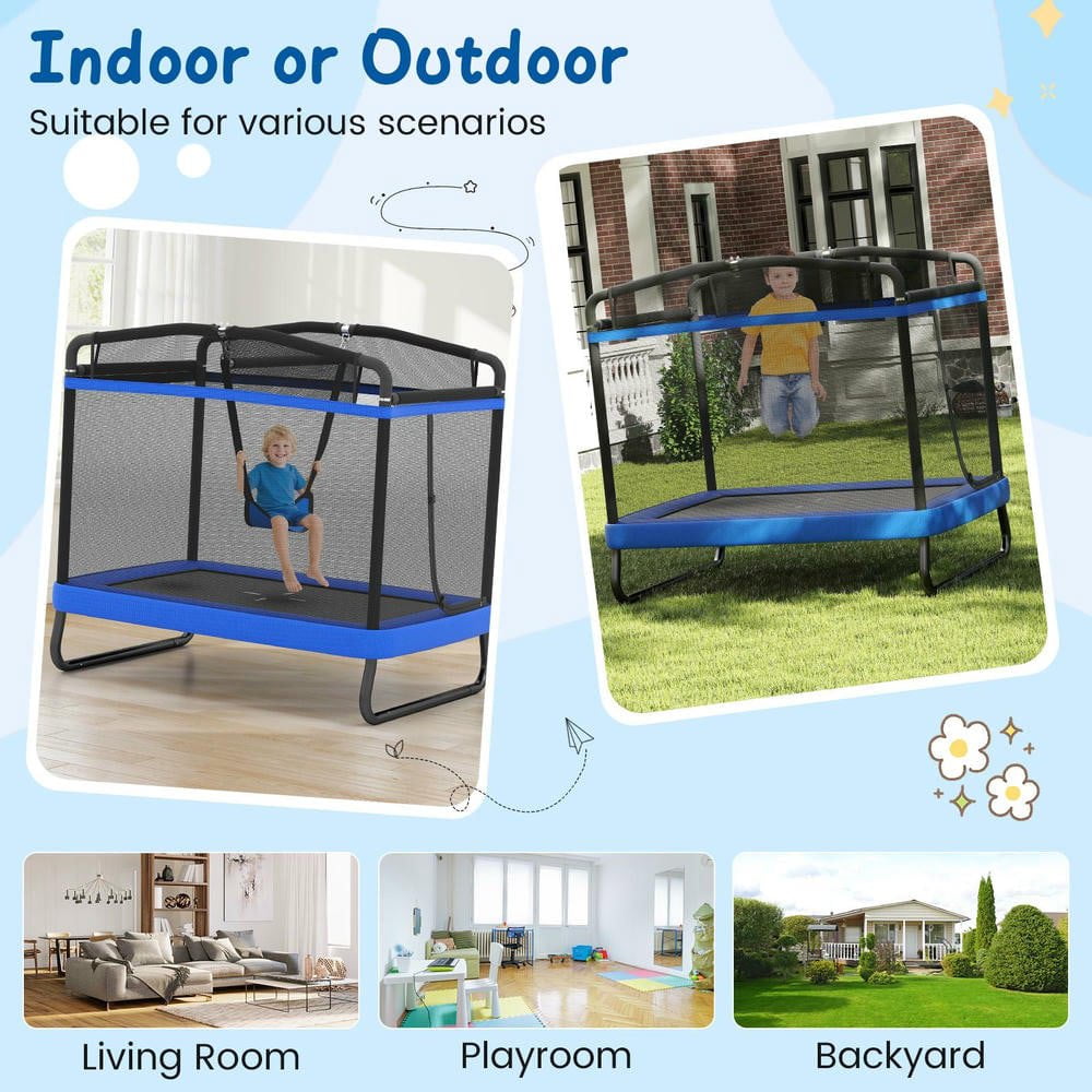 Resenkos 6 FT Kids Rectangle Trampoline with Swing & Horizontal Bar - Compact Indoor Outdoor Play Equipment - Blue