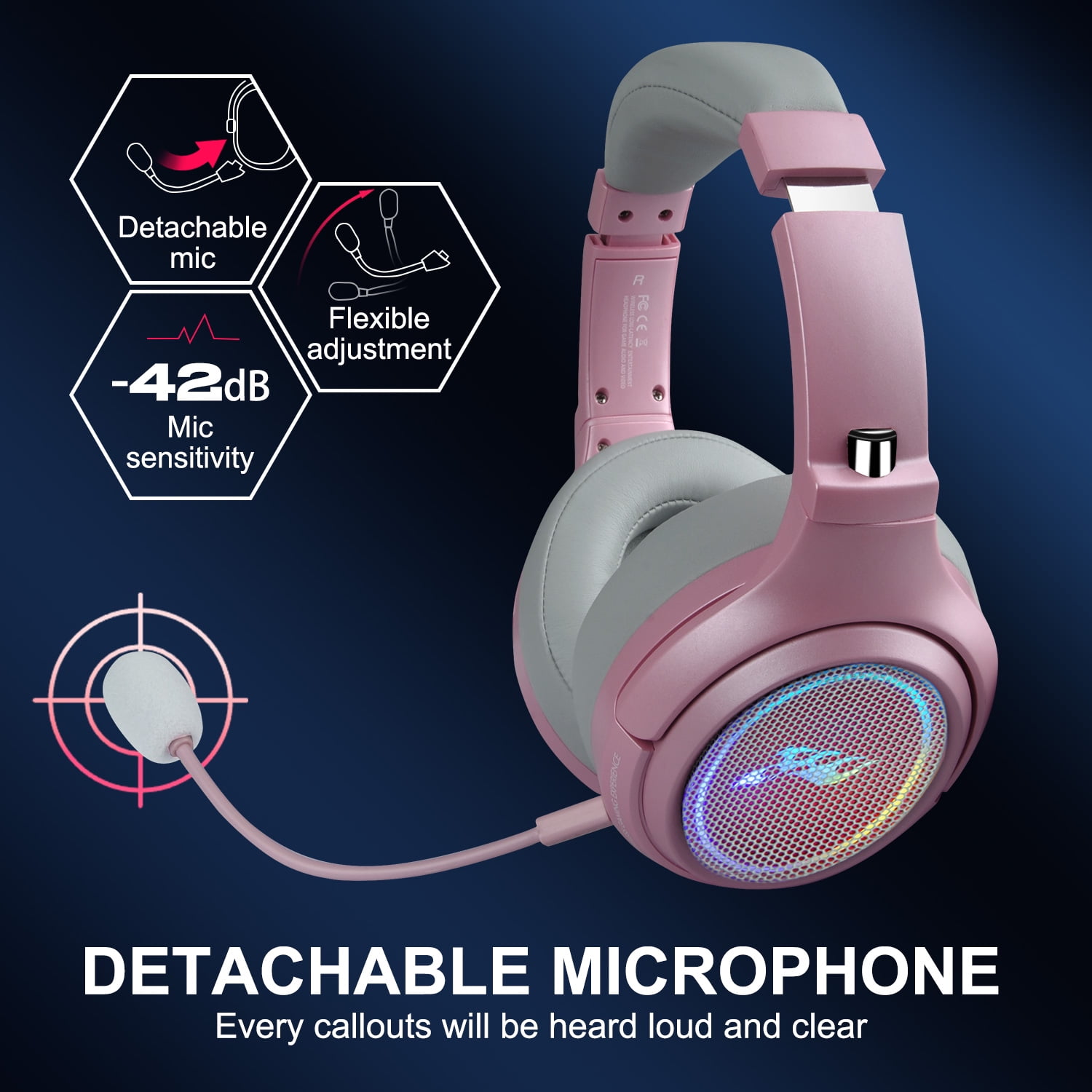 Wireless Gaming Headset,2.4G/Bluetooth Gaming Headphones w/Detachable Noise Cancelling Mic,Stereo Surround RGB Noise Cancelling Over Ear Headphones,3.5mm Wired for PS4 PS5 Xbox PC,Pink,FCC Approved