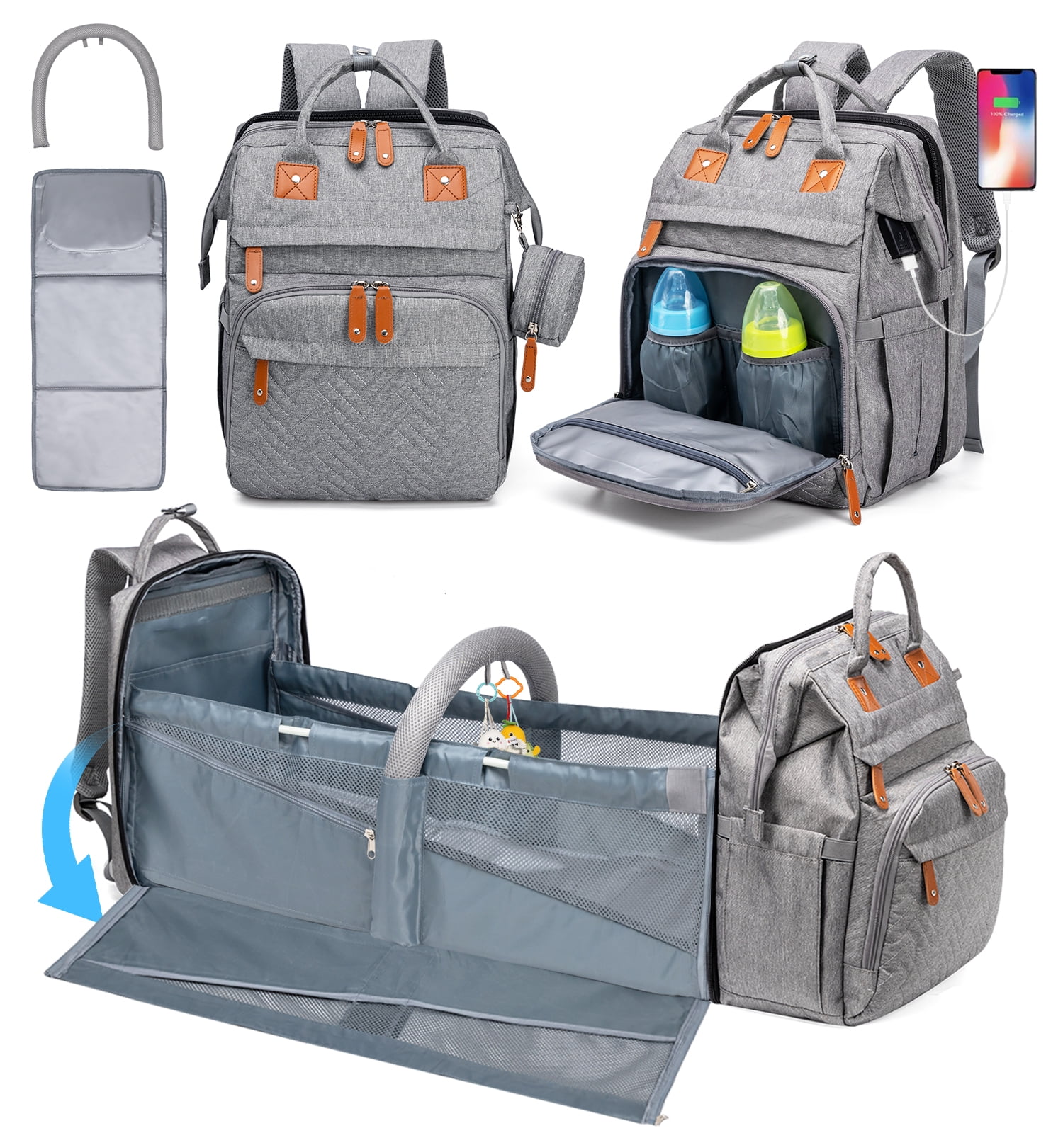KABAQOO Gray Baby Diaper Bag Backpack Newborn Registry Search Baby