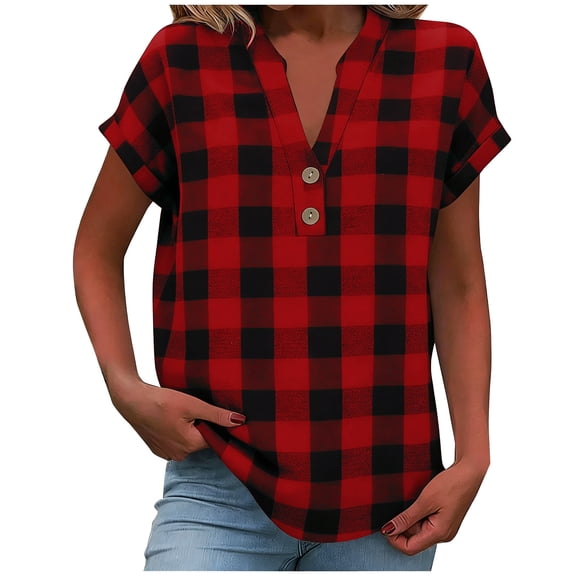 CYMMPU Women's Summer Solid Color Button V Neck Loose T-Shirt, Fashion Casual Breathable Short Sleeve Blouse Top Red L