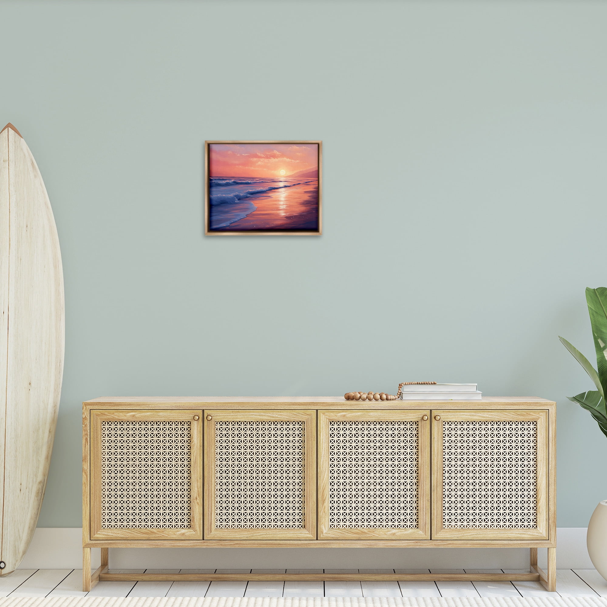Stupell Industries Sunset over Beach Waves Landscape Photography Brown Floater Framed Canvas Art Print Wall Art, 21 x 17
