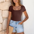 thumbnail image 3 of larppty Women's Square Neck Short Sleeve Long Sleeve Bodysuit Sexy Body Suits Shirt Slim Fitted Tops（Coffee， L）, 3 of 5