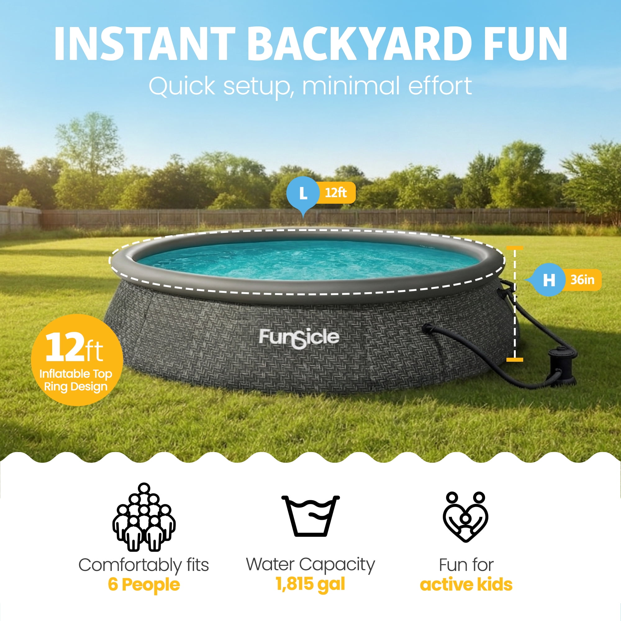 Funsicle 12' x 36" QuickSet Inflatable Ring Top Outdoor Above Ground Pool with Pump