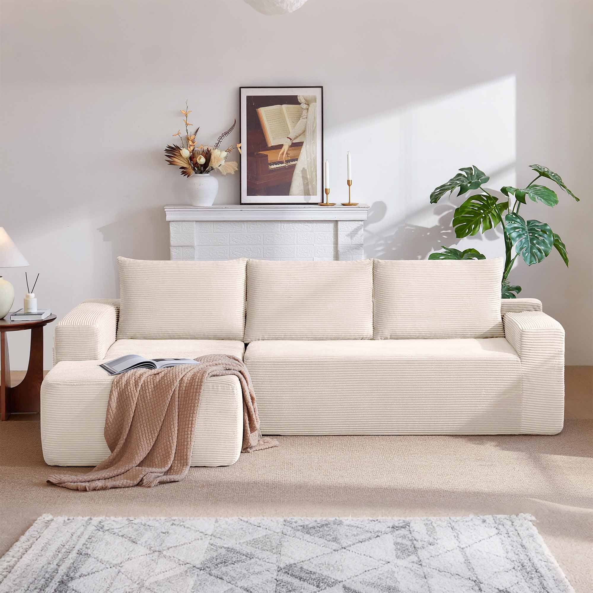 Lunale L-Shaped Modular Sectional Sofa with Movable Chaise, 3-Seater Boneless Cloud Couch for Living Room, Beige(Left Facing Chaise)